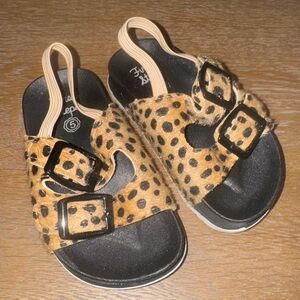 First Steps Leopard Faux Fur Two Buckle Footbed Sandals.